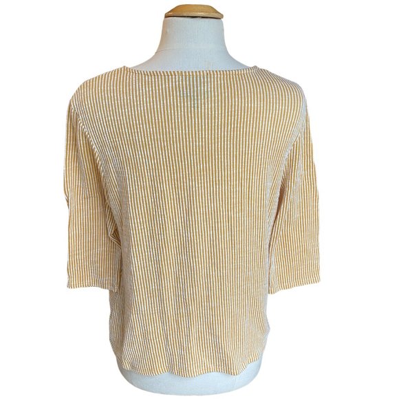 W5 Anthropologie Striped Twist Hem Shirt Mustard Beachy Coastal Fall Stretch-L - Picture 7 of 10
